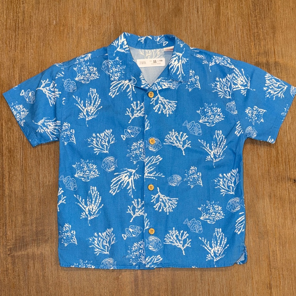 Zara Kids Blue Ocean Print Button Down Shirt